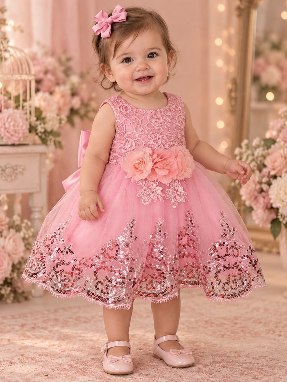 Girls Pink Lace Sequin Tulle Party Dress Size 90 + Hair Bow